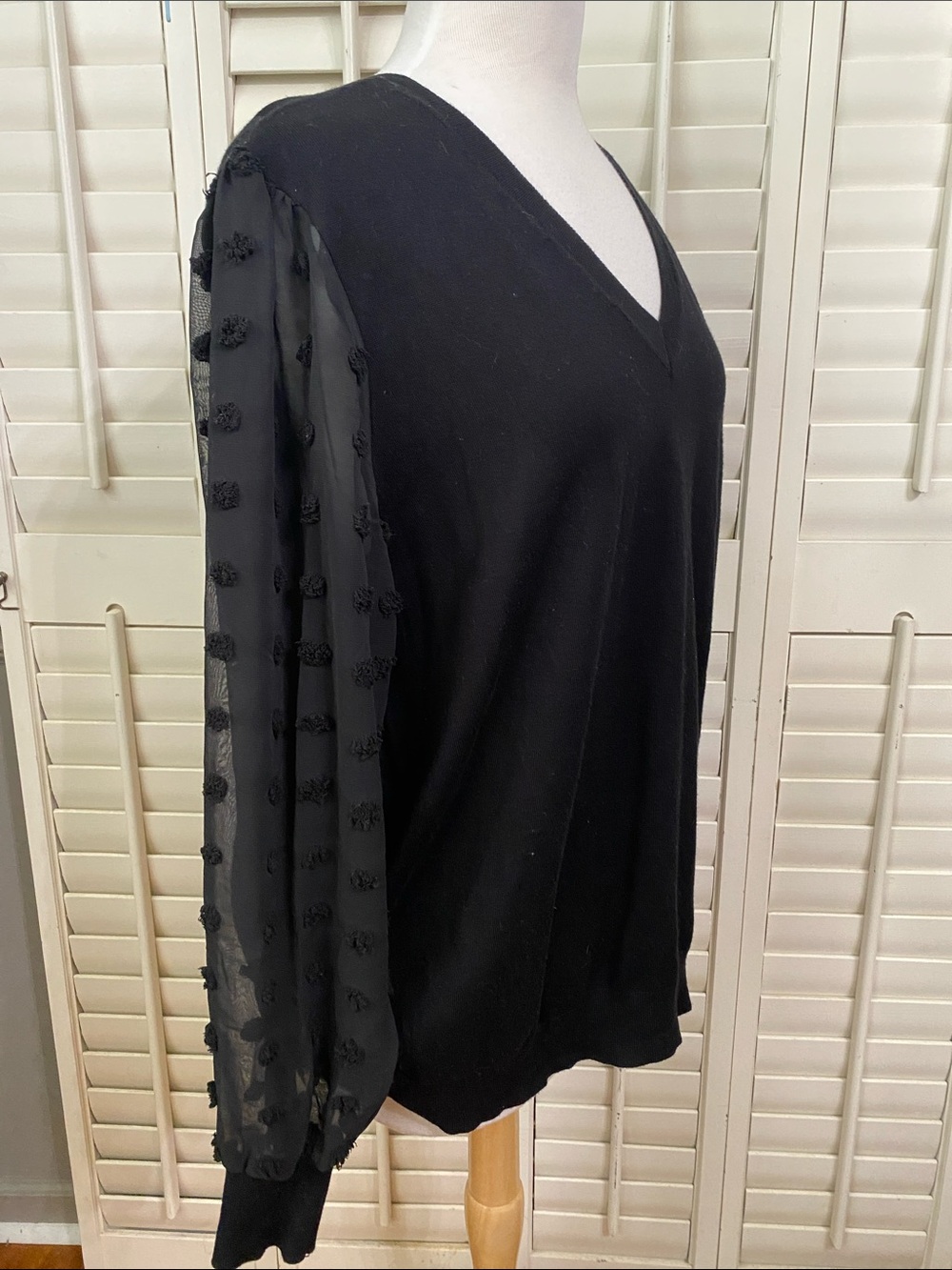 Black V-Neck Sweater Top with Sheer Dot-Trim Sleeves - Picture 4 of 6